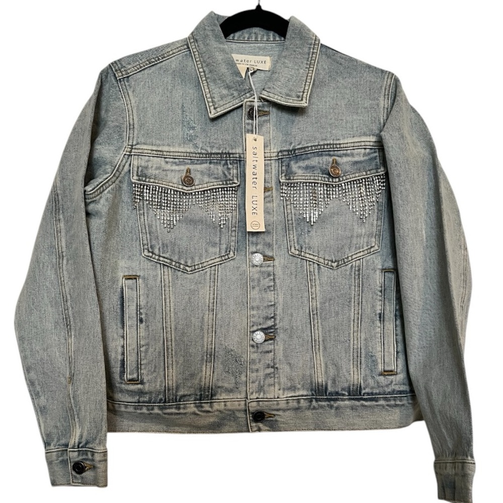 Saltwater Luxe stone wash distressed Embellished Rhinestone Denim Jacket S/M